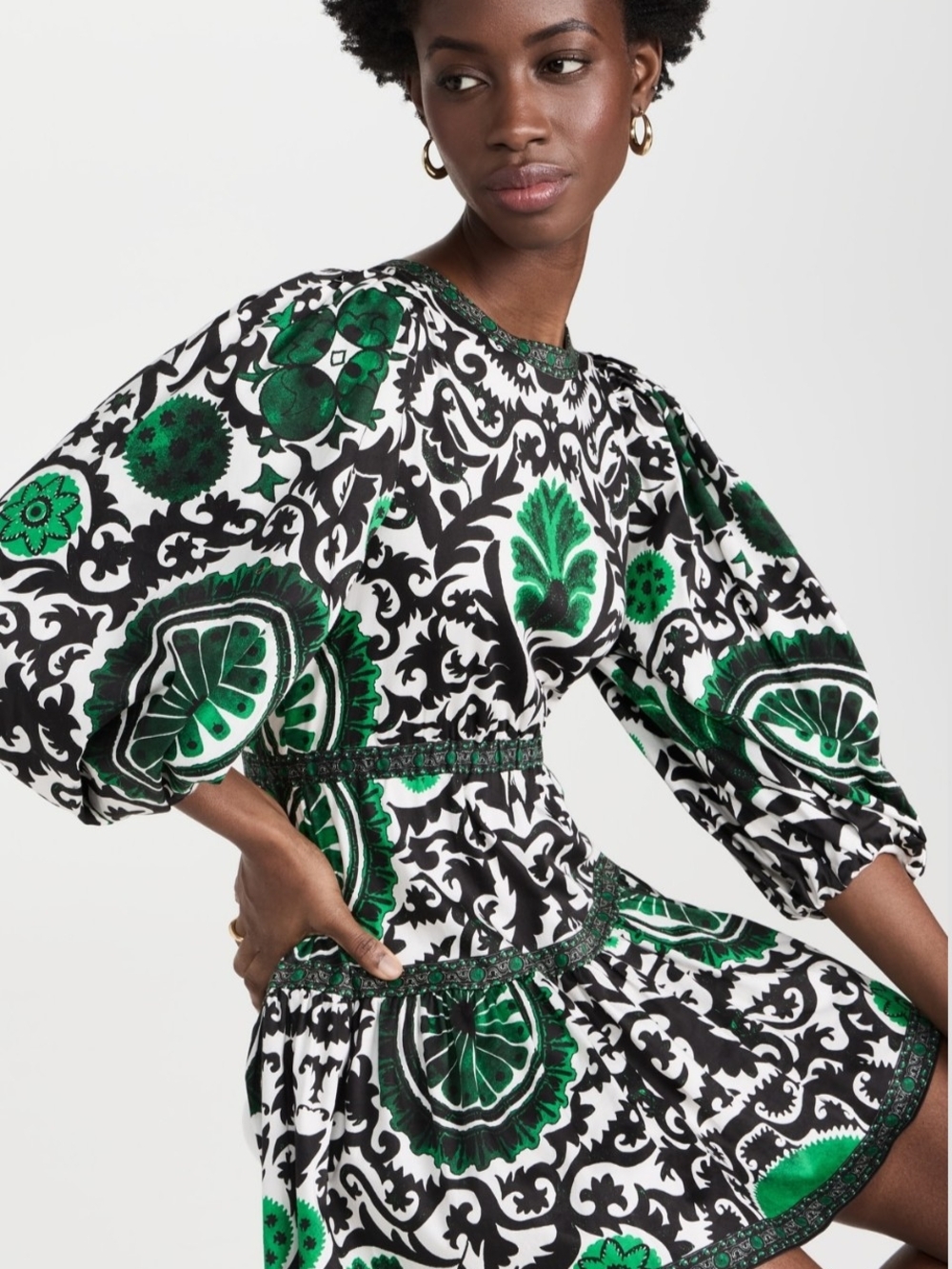 Alice + Olivia Black, White & Green Printed Puff-Sleeve Mini Dress